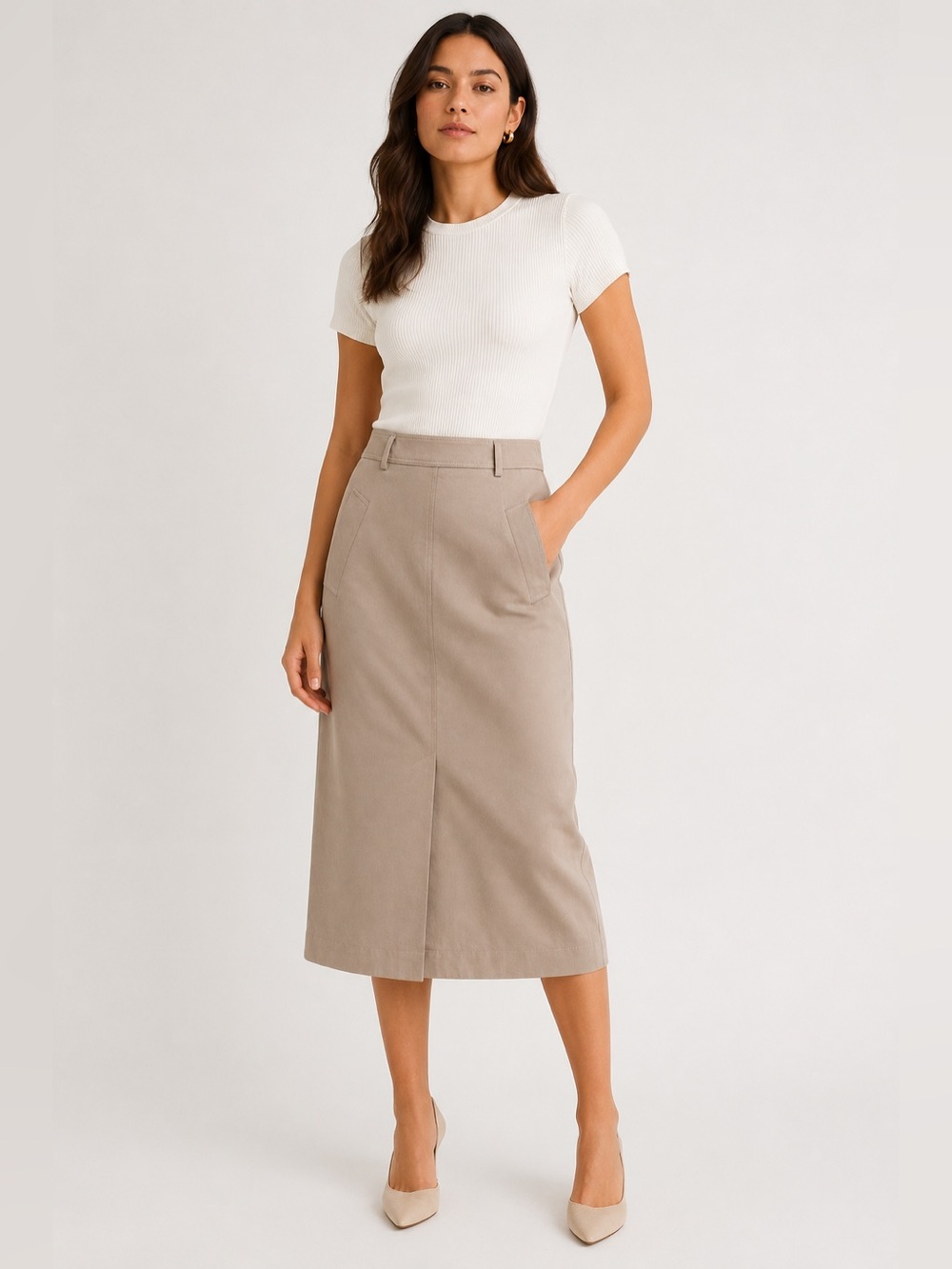 BOSS Hugo Boss Midi Skirt Sz 2 Beige Taupe Pencil Straight Minimal Quiet Luxury
